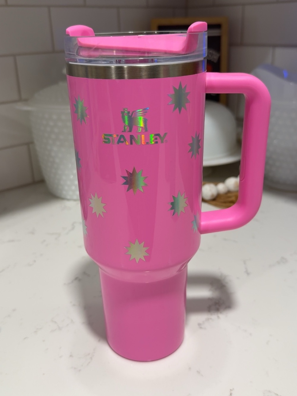 Stanley Pink Travel Mug with Holographic Star Accents and Handle